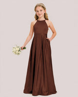Brown Satin A-line Junior Bridesmaid Dress Front View