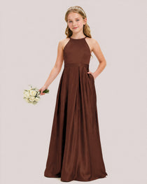 dideyttawl A-Line Junior Bridesmaid Dresses Satin Halter Special Occasion Dress Gown