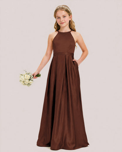 dideyttawl A-Line Junior Bridesmaid Dresses Satin Halter Special Occasion Dress Gown 2532