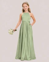 Sage Green Satin A-line Junior Bridesmaid Dress Front View