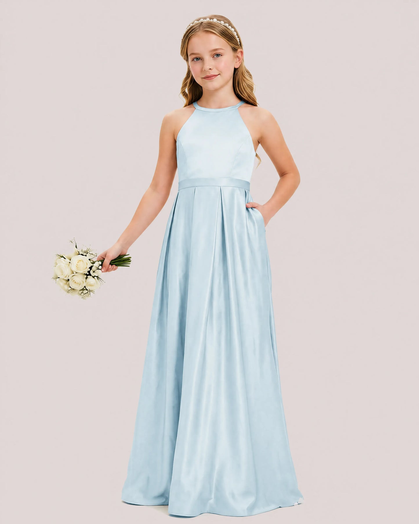dideyttawl A-Line Junior Bridesmaid Dresses Satin Halter Special Occasion Dress Gown 2532
