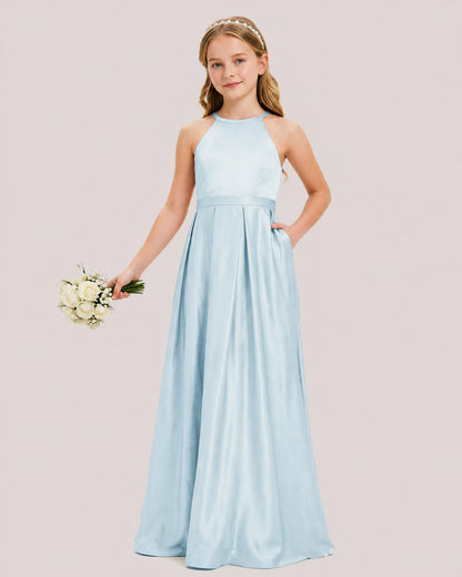 dideyttawl A-Line Junior Bridesmaid Dresses Satin Halter Special Occasion Dress Gown 2532