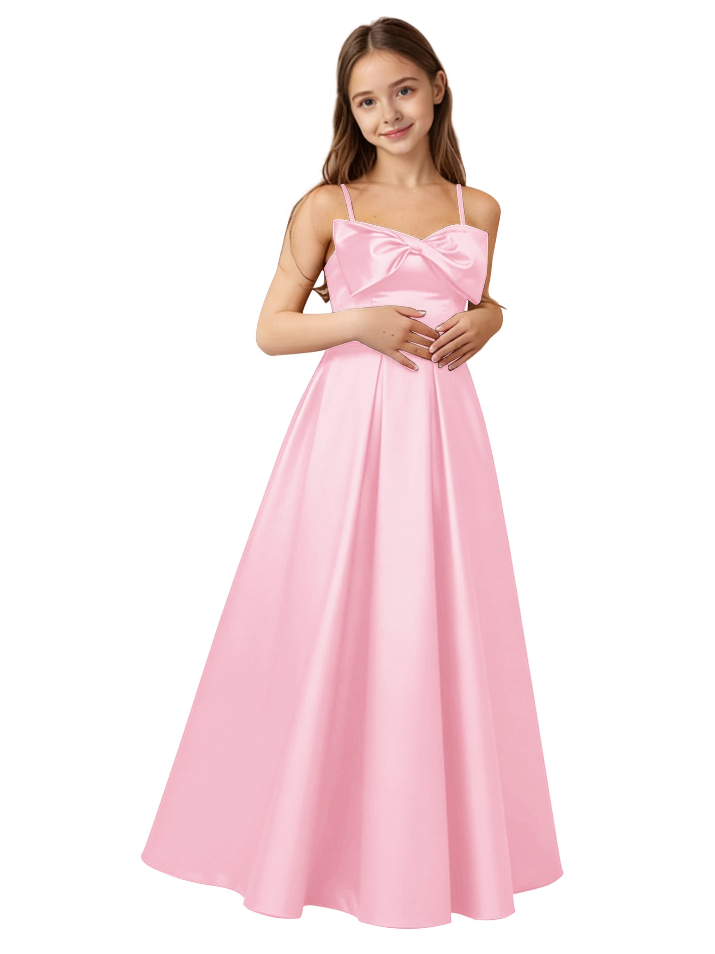 dideyttawl 2026 Girls Satin Prom Ball Gown with Big Bow Maxi Spaghetti Straps Junior Bridesmaid Flower Girl Dress 2548