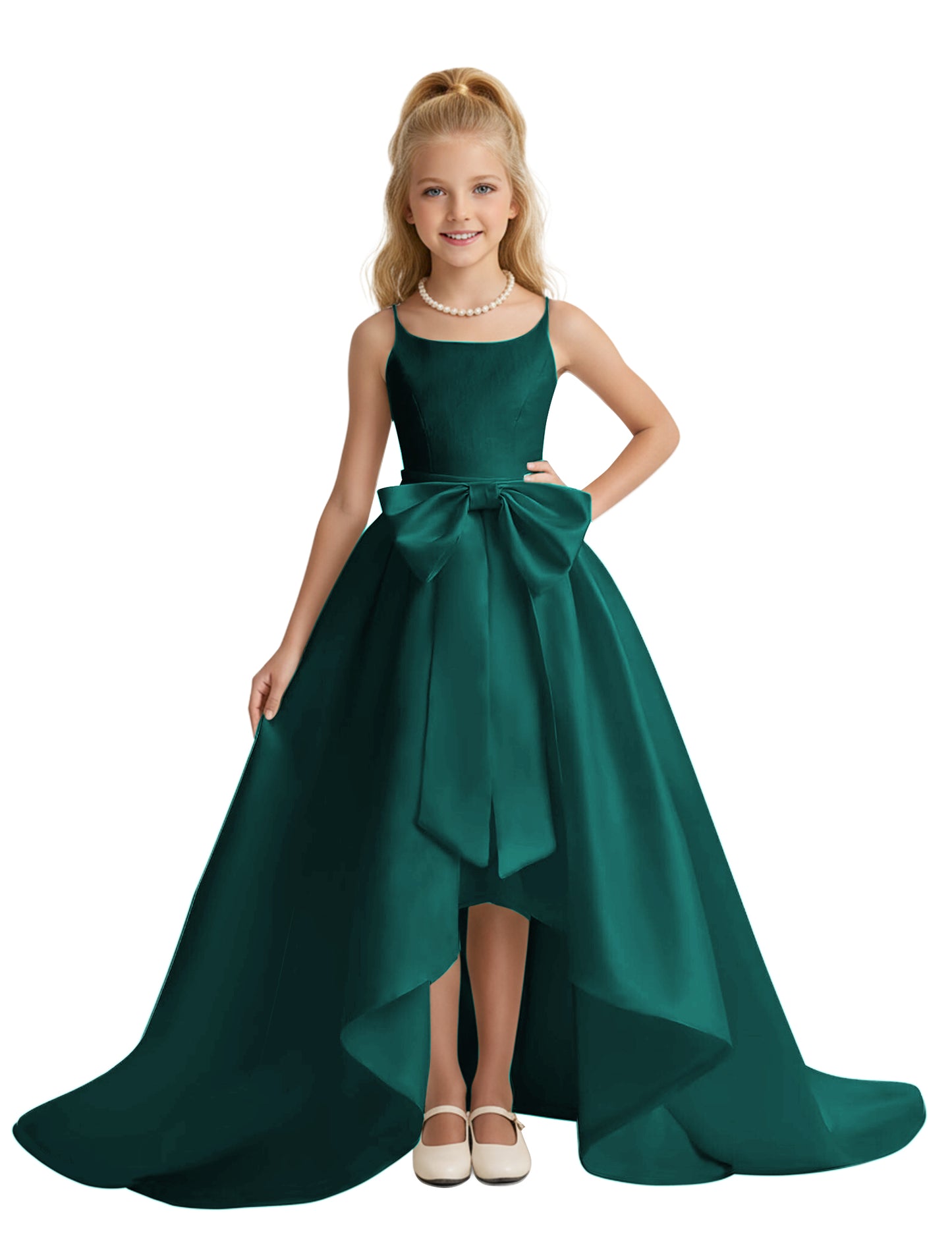 dideyttawl High-Low Big Bow Junior Bridesmaid Dresses for Girls 4-16 Satin A-Line Pageant Formal Party Dress 2535