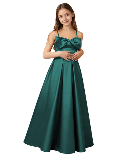 dideyttawl 2026 Girls Satin Prom Ball Gown with Big Bow Maxi Spaghetti Straps Junior Bridesmaid Flower Girl Dress 2548