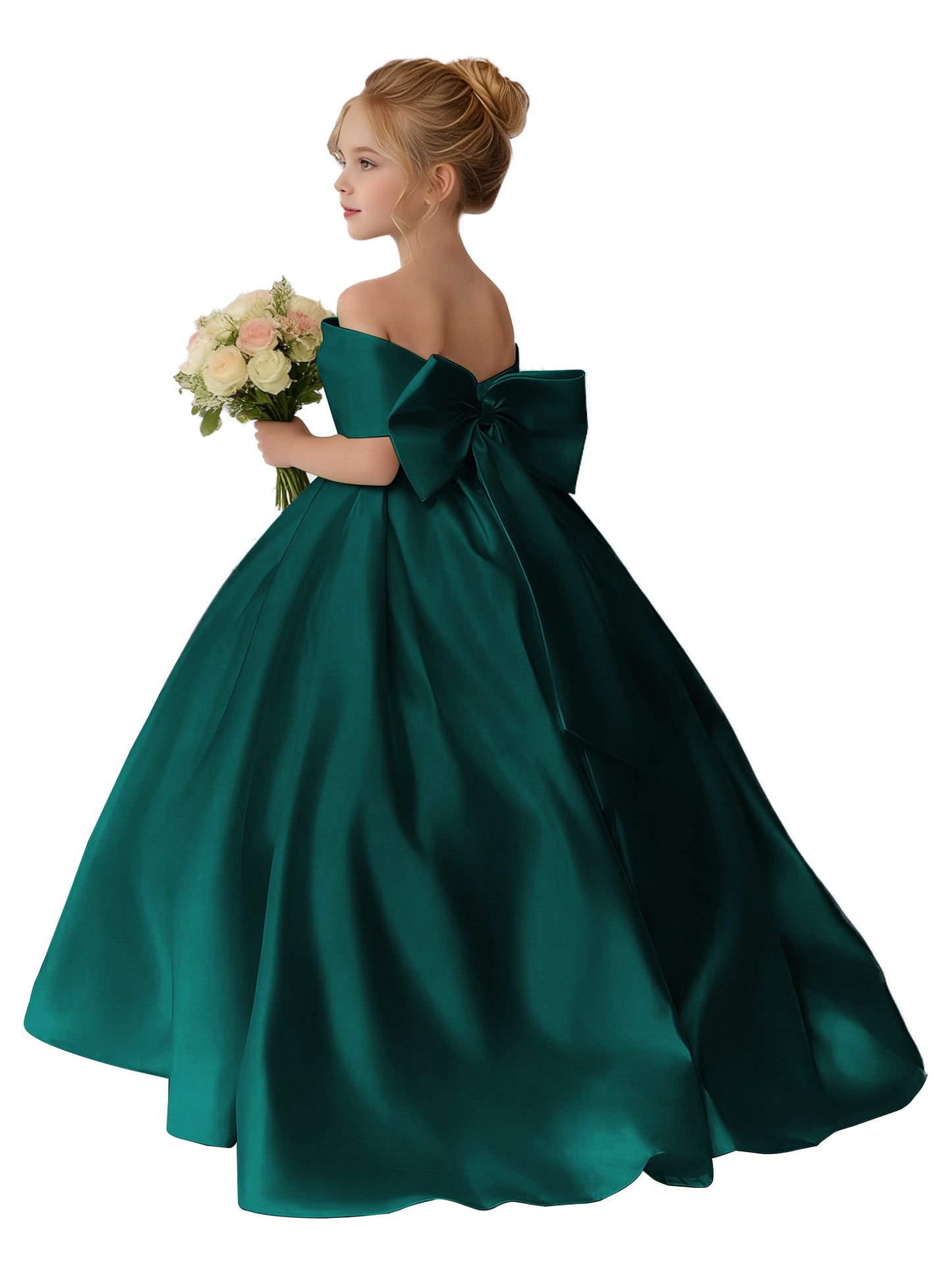 Dideyttawl Satin Flower Girl Dress A Line Off Shoulder Formal Ball Gown Bow Back