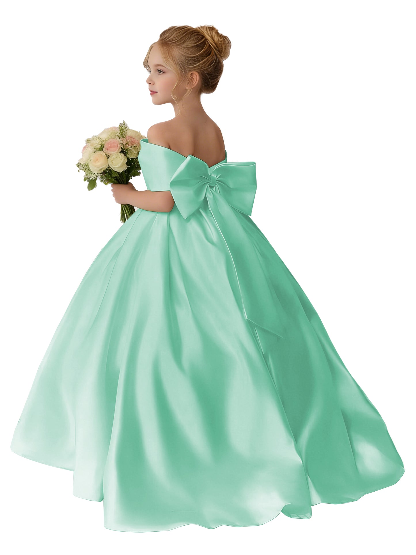 Dideyttawl Satin Flower Girl Dress A Line Off Shoulder Formal Ball Gown Bow Back