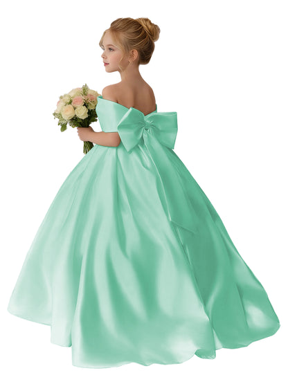 Dideyttawl Satin Flower Girl Dress A Line Off Shoulder Formal Ball Gown Bow Back