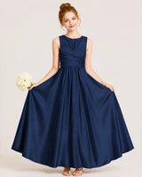 Navy Blue Satin A-line Junior Bridesmaid Dress Front View