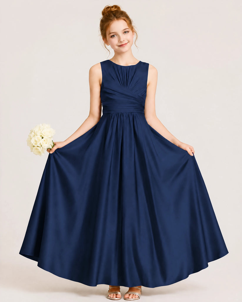 Navy Blue Satin A-line Junior Bridesmaid Dress Front View