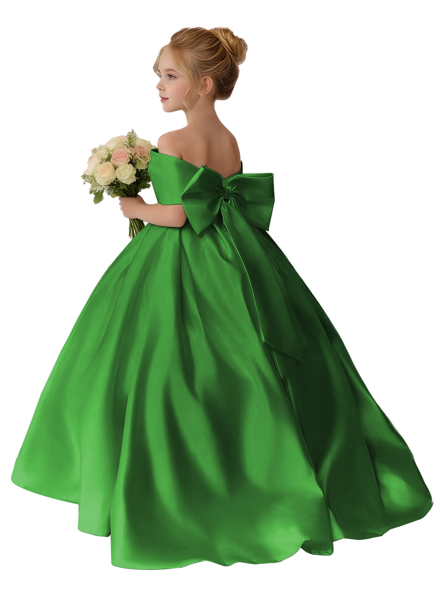 Dideyttawl Satin Flower Girl Dress A Line Off Shoulder Formal Ball Gown Bow Back