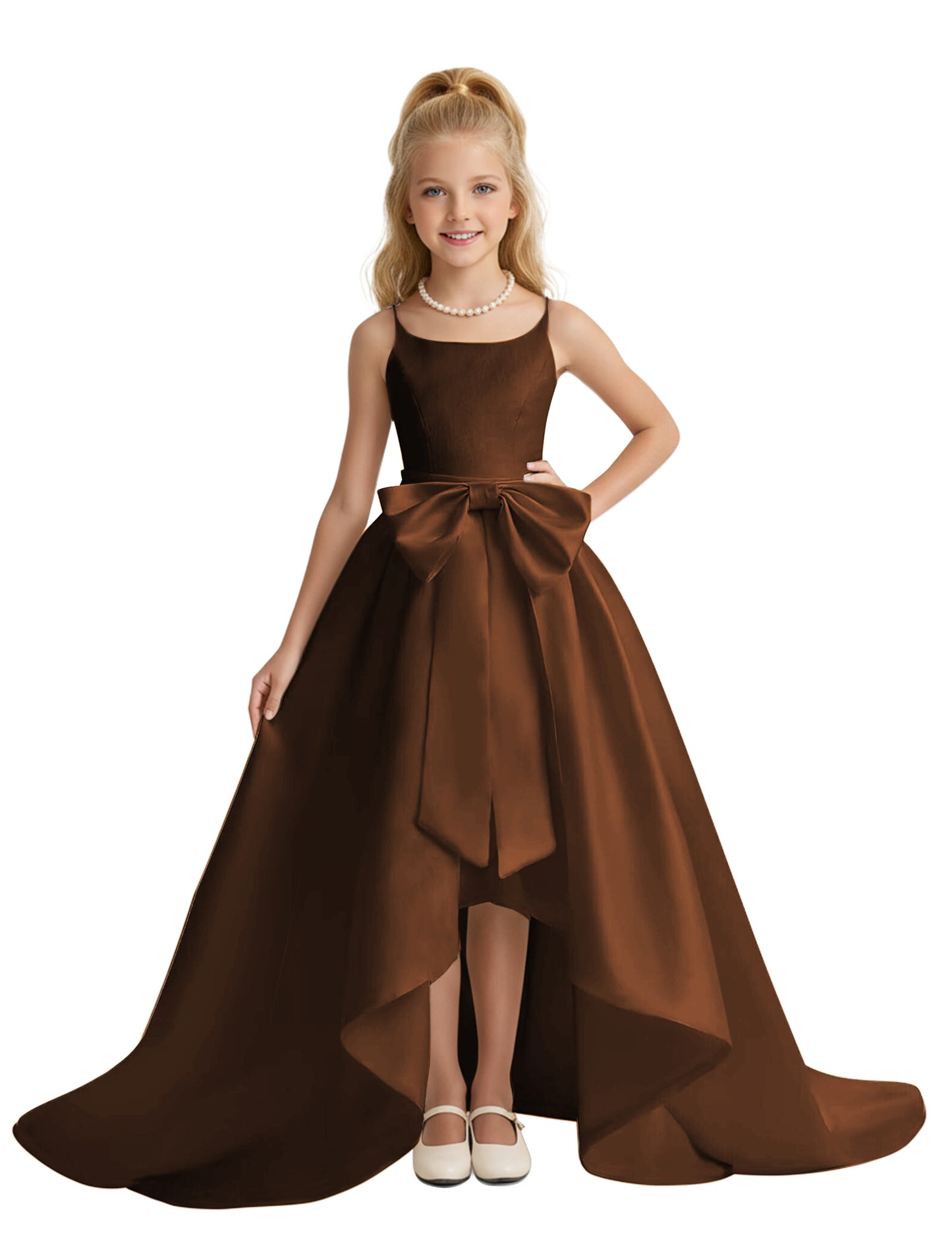 dideyttawl High-Low Big Bow Junior Bridesmaid Dresses for Girls 4-16 Satin A-Line Pageant Formal Party Dress 2535