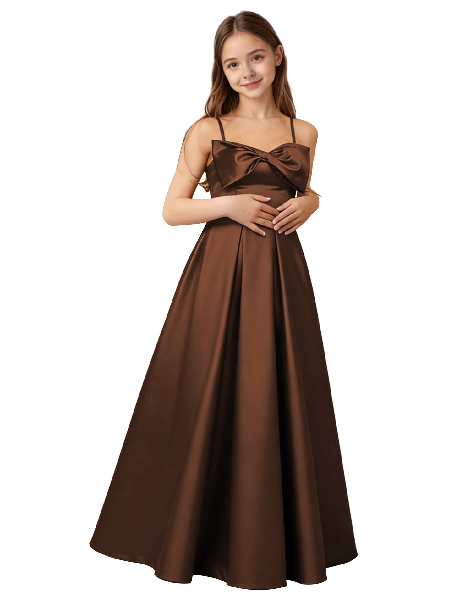 dideyttawl 2026 Girls Satin Prom Ball Gown with Big Bow Maxi Spaghetti Straps Junior Bridesmaid Flower Girl Dress 2548