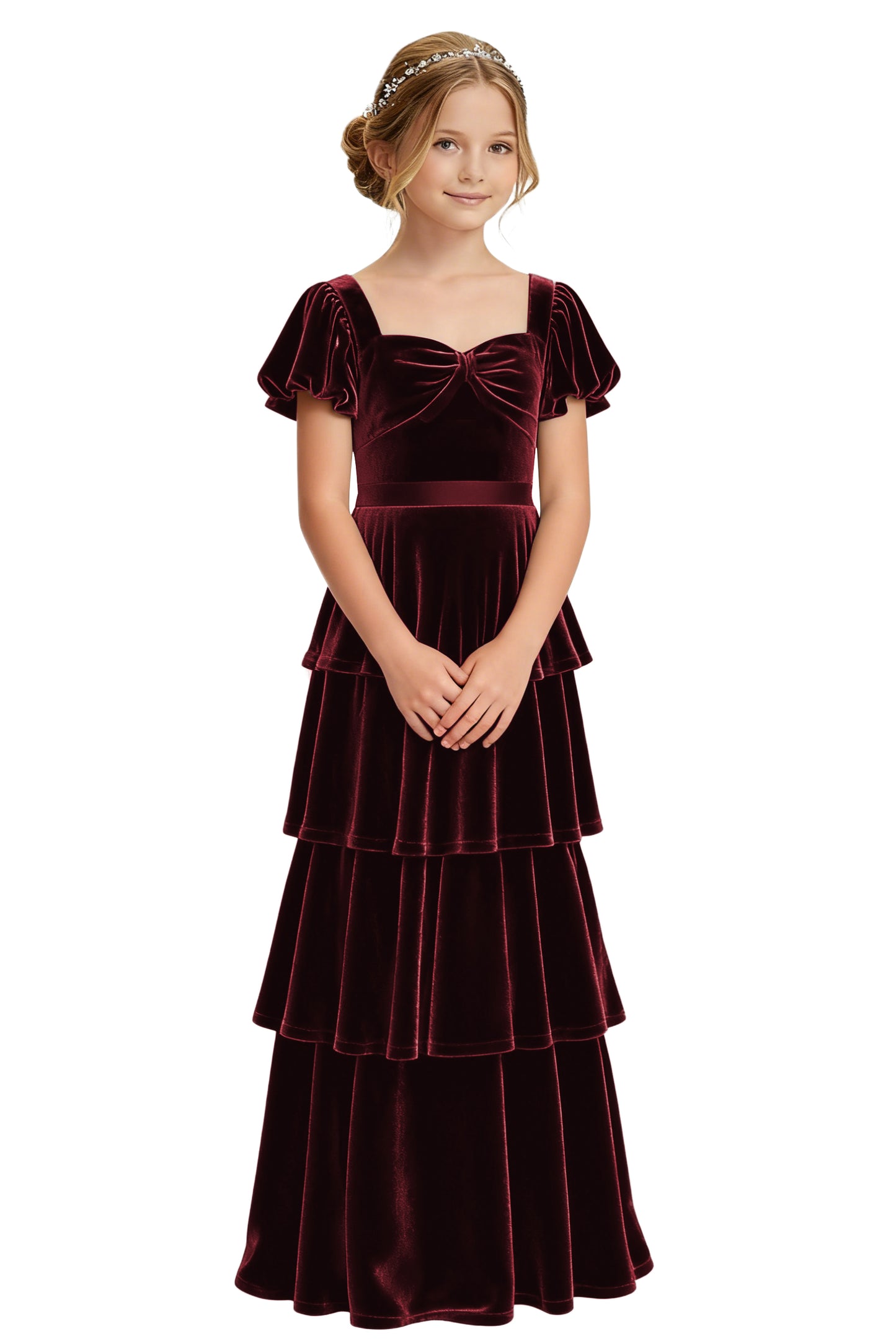 dideyttawl Girls Pleated Velvet Short Lantern Sleeves Long Junior Bridesmaid Dress 2542