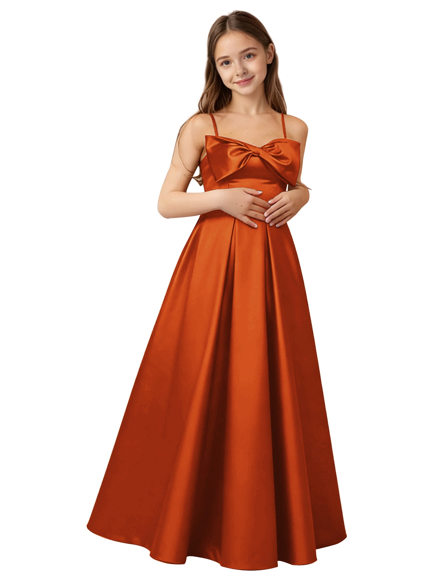 dideyttawl 2026 Girls Satin Prom Ball Gown with Big Bow Maxi Spaghetti Straps Junior Bridesmaid Flower Girl Dress 2548