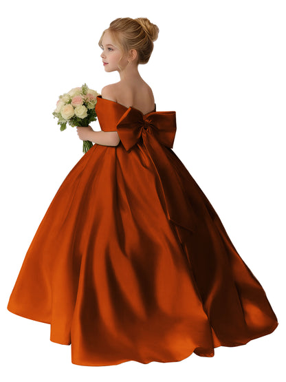 Dideyttawl Satin Flower Girl Dress A Line Off Shoulder Formal Ball Gown Bow Back