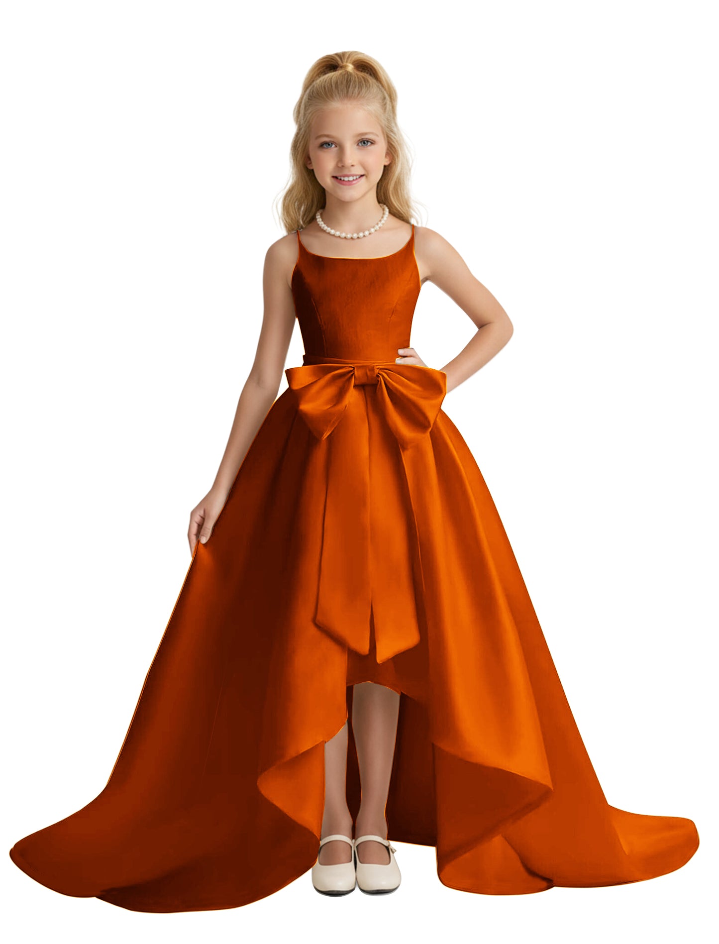 dideyttawl High-Low Big Bow Junior Bridesmaid Dresses for Girls 4-16 Satin A-Line Pageant Formal Party Dress 2535