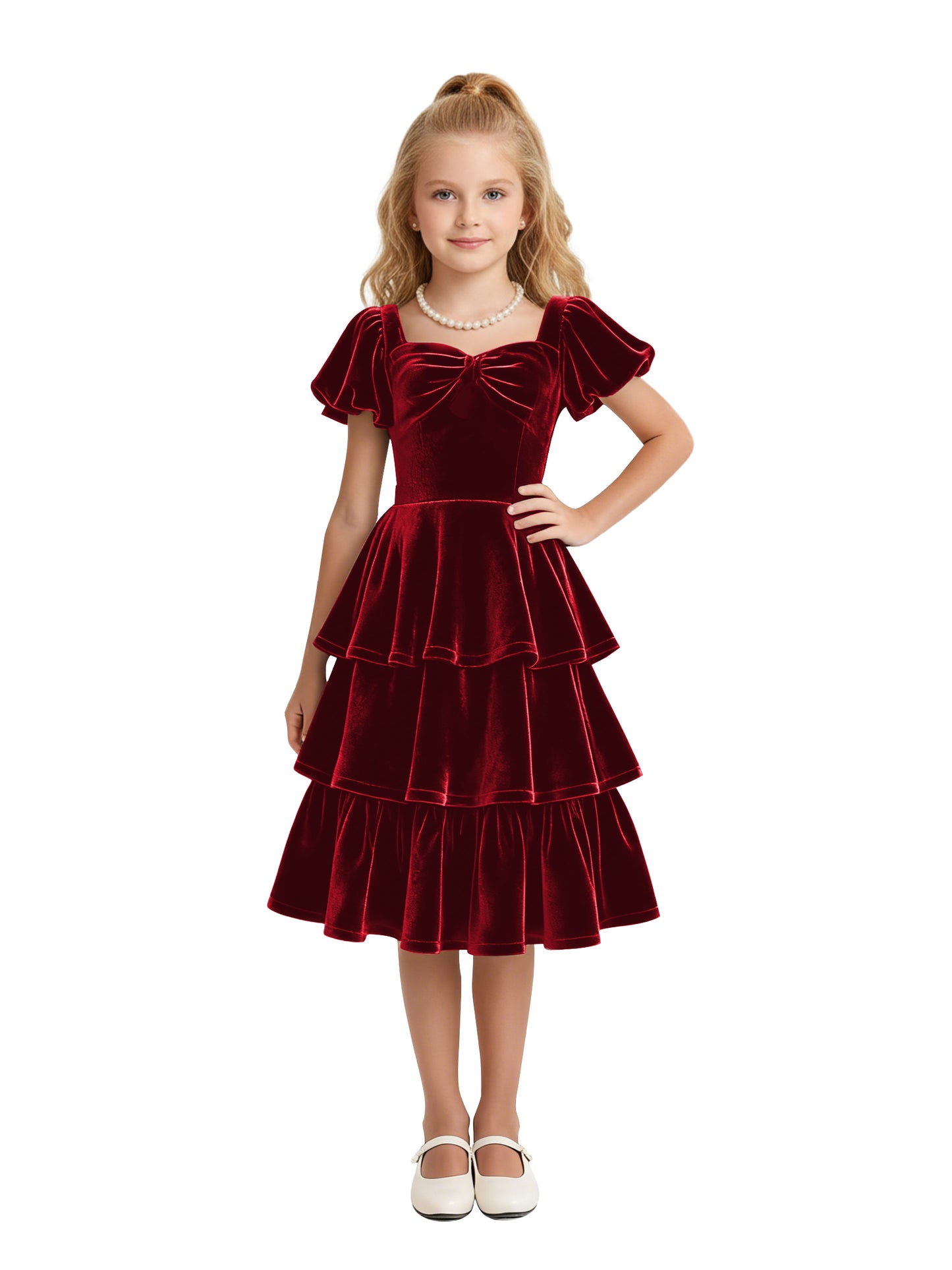 dideyttawl Girls Pleated Velvet Knee Length Junior Bridesmaid Dress with Short Lantern Sleeves 2543