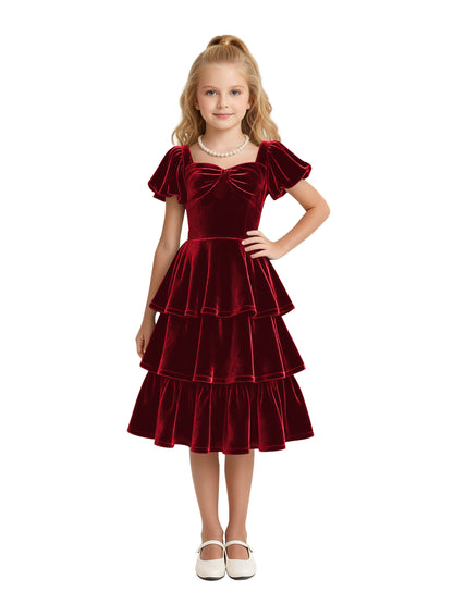 dideyttawl Girls Pleated Velvet Knee Length Junior Bridesmaid Dress with Short Lantern Sleeves 2543