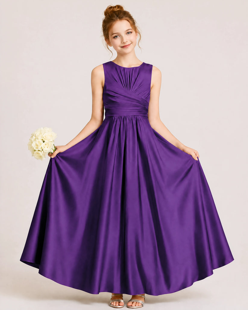 Purple Satin A-line Junior Bridesmaid Dress Front View