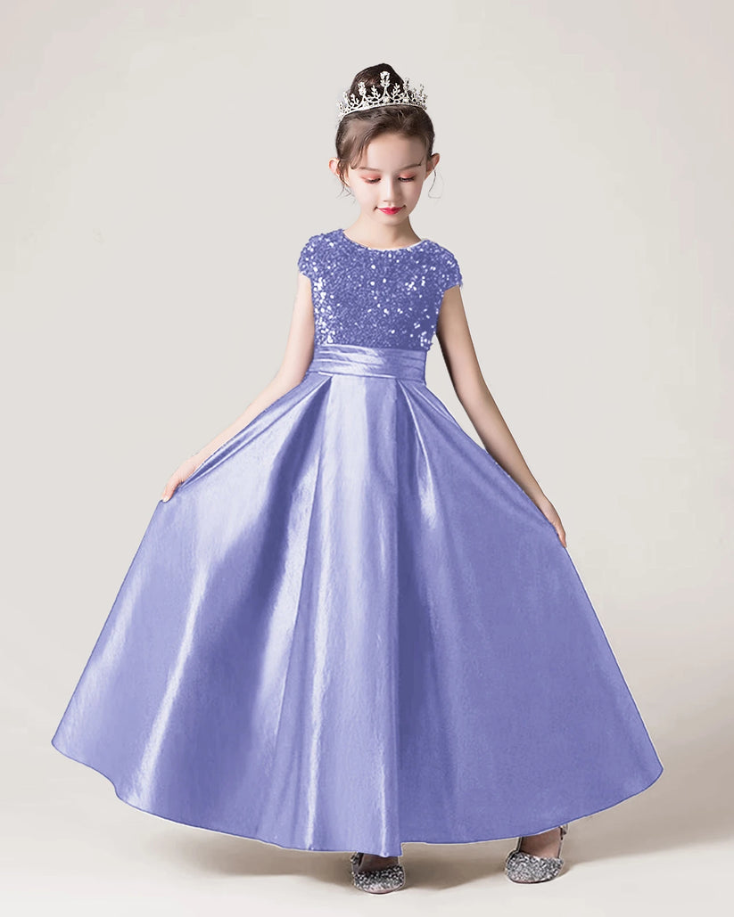 Purple Sequin Satin A-line Girls Formal Dress Front View