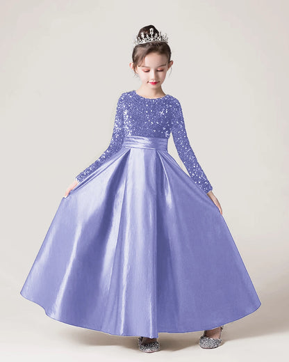 Dideyttawl Long Sleeves Sequins Flower Girls Dress Sparkling  Satin Formal Party Gown 503