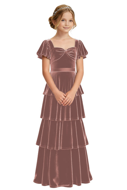 dideyttawl Girls Pleated Velvet Short Lantern Sleeves Long Junior Bridesmaid Dress 2542