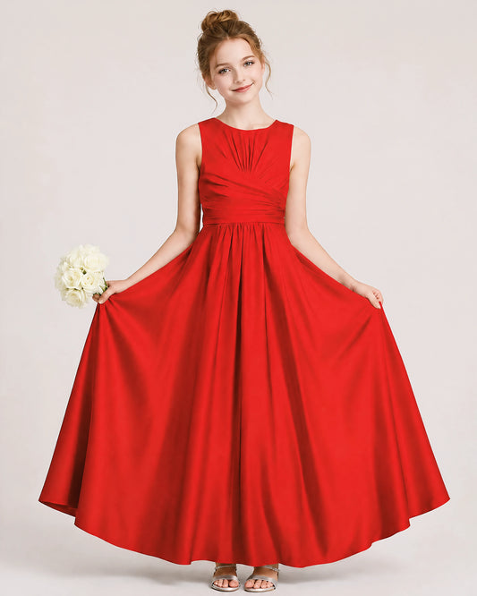 Red Satin A-line Junior Bridesmaid Dress Front View