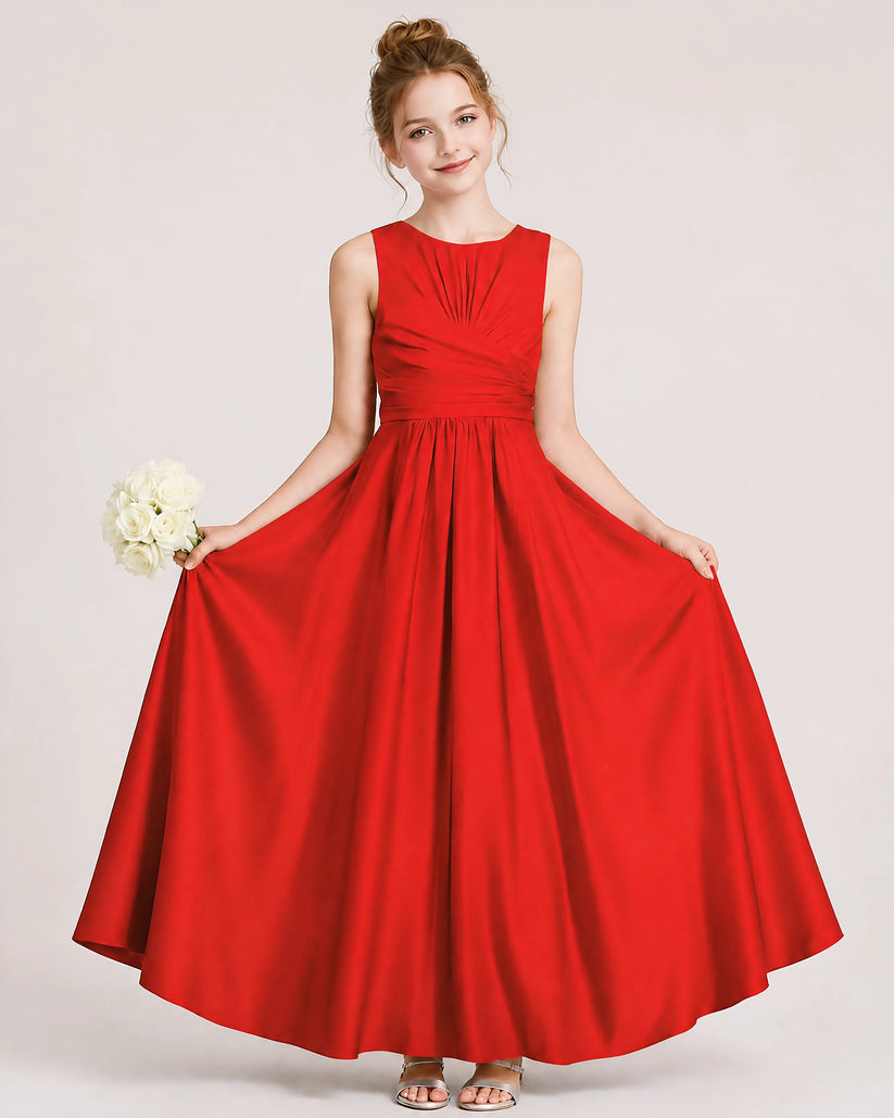 Red Satin A-line Junior Bridesmaid Dress Front View