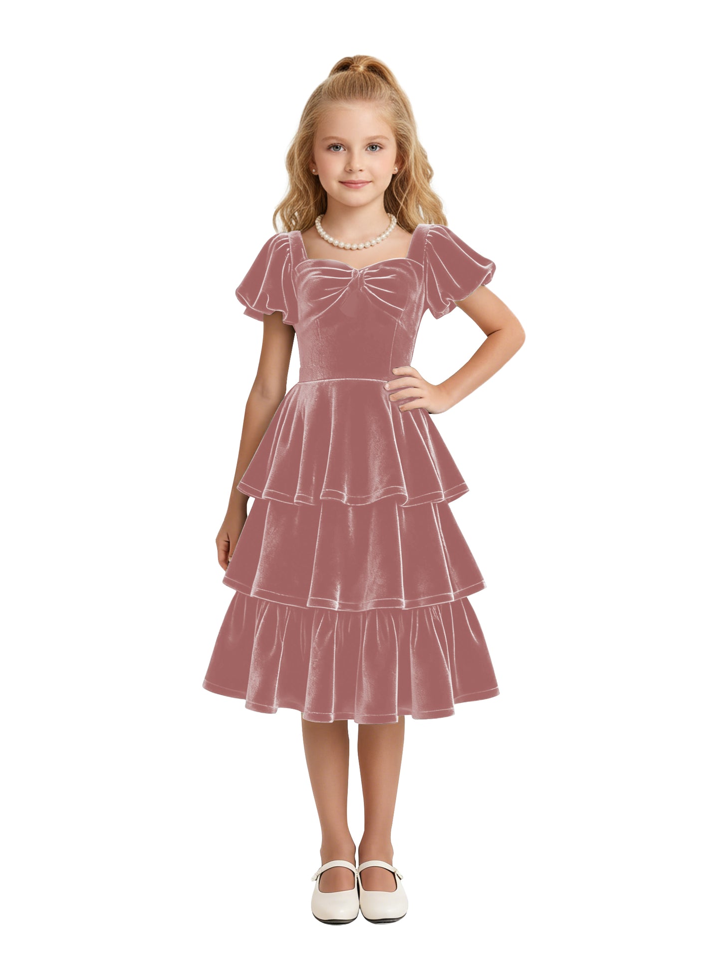 dideyttawl Girls Pleated Velvet Knee Length Junior Bridesmaid Dress with Short Lantern Sleeves 2543