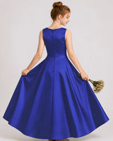 Royal Blue Satin A-line Junior Bridesmaid Dress Back View