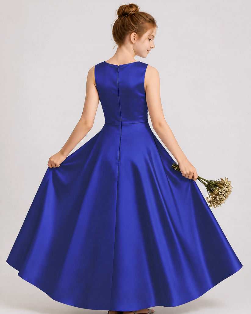 Royal Blue Satin A-line Junior Bridesmaid Dress Back View
