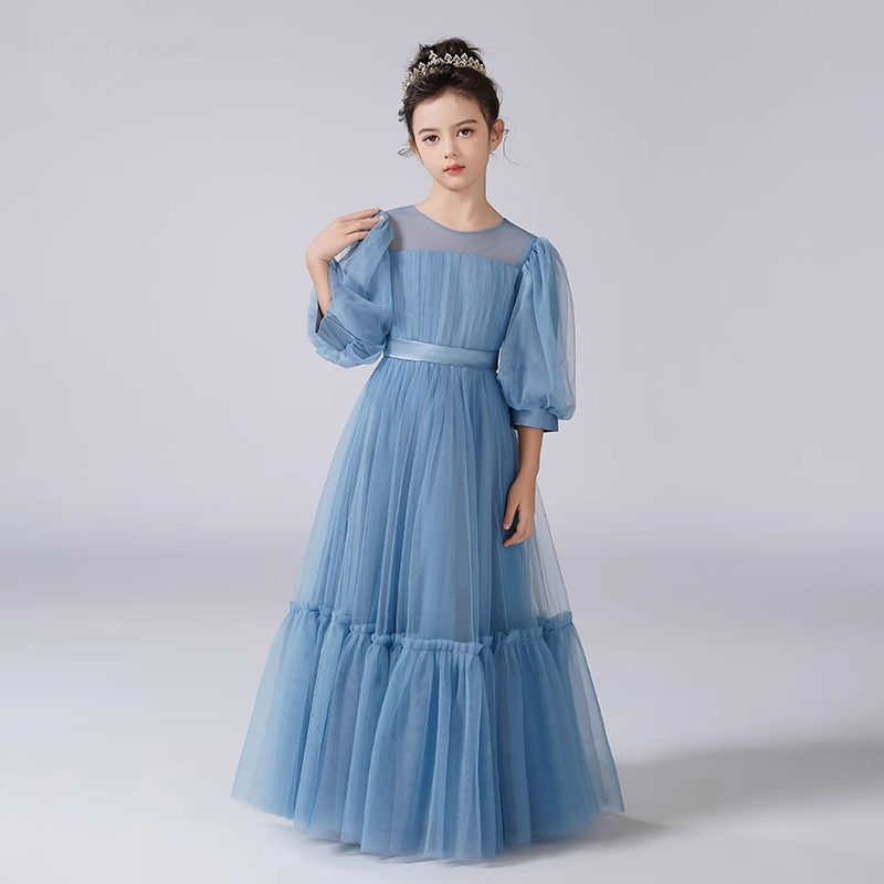 Dideyttawl Girls Dusty Blue Princess Dress Long Sleeve Tulle Ball Gown for Wedding Party