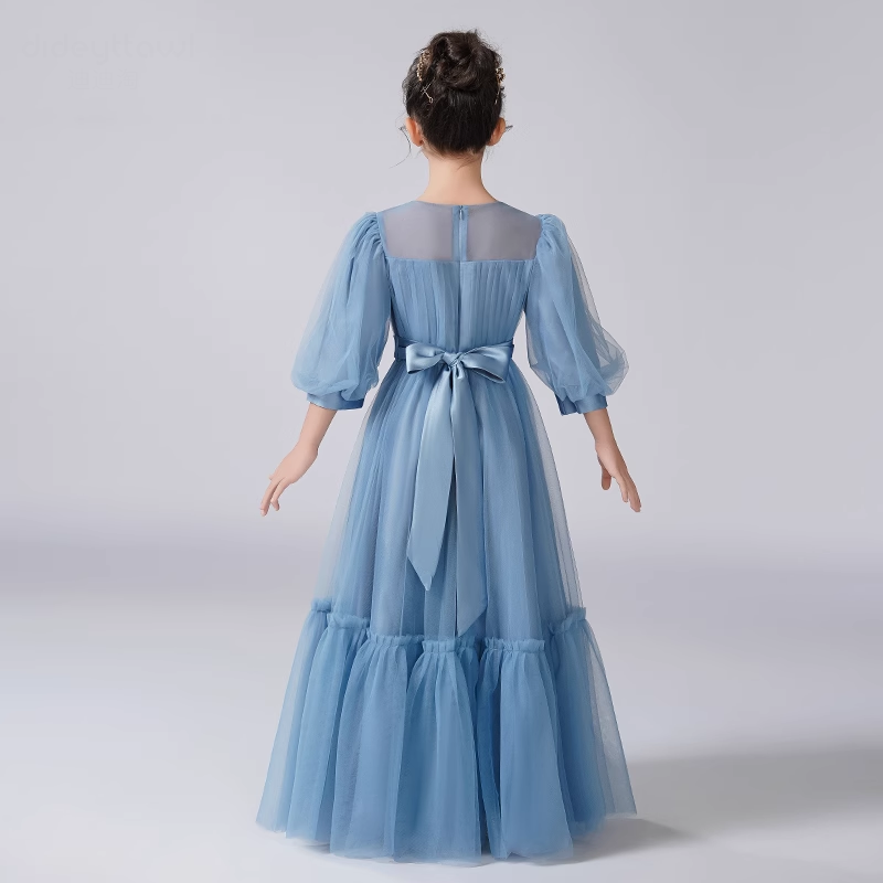 Dideyttawl Girls Dusty Blue Princess Dress Long Sleeve Tulle Ball Gown for Wedding Party