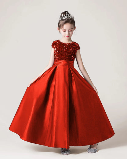 Dideyttawl Sequins Flower Girls Dress Satin Formal Brithday Party Gown