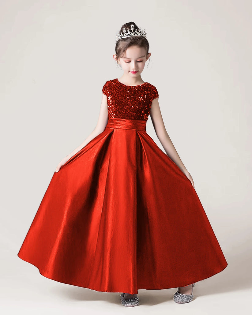 Red Sequin A-line Girls Formal Dress Front View