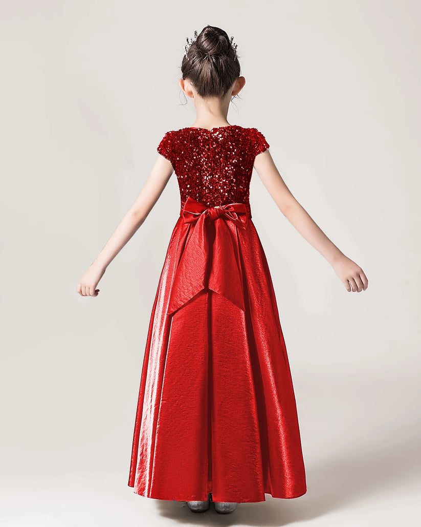 Red Sequin A-line Girls Formal Dress Back View