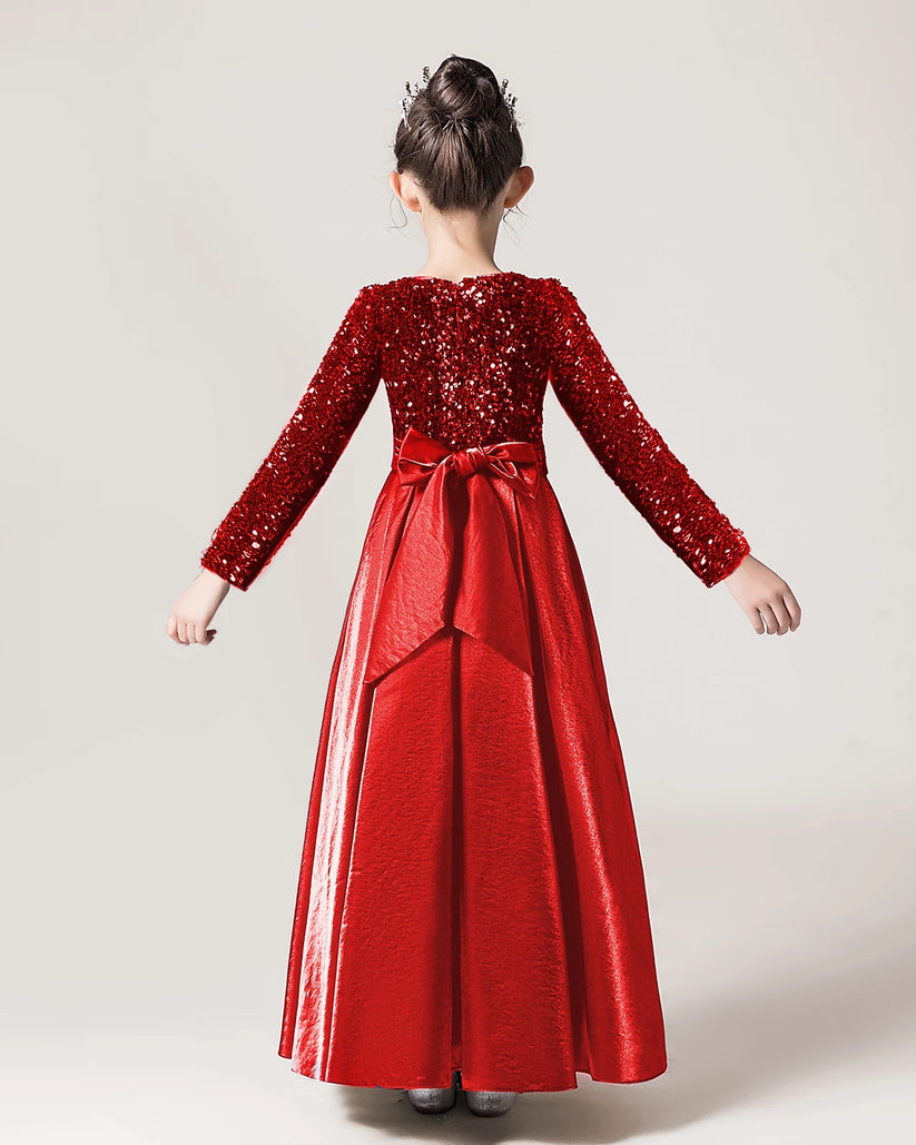 Red Sequin A-line Girls Formal Dress Back View