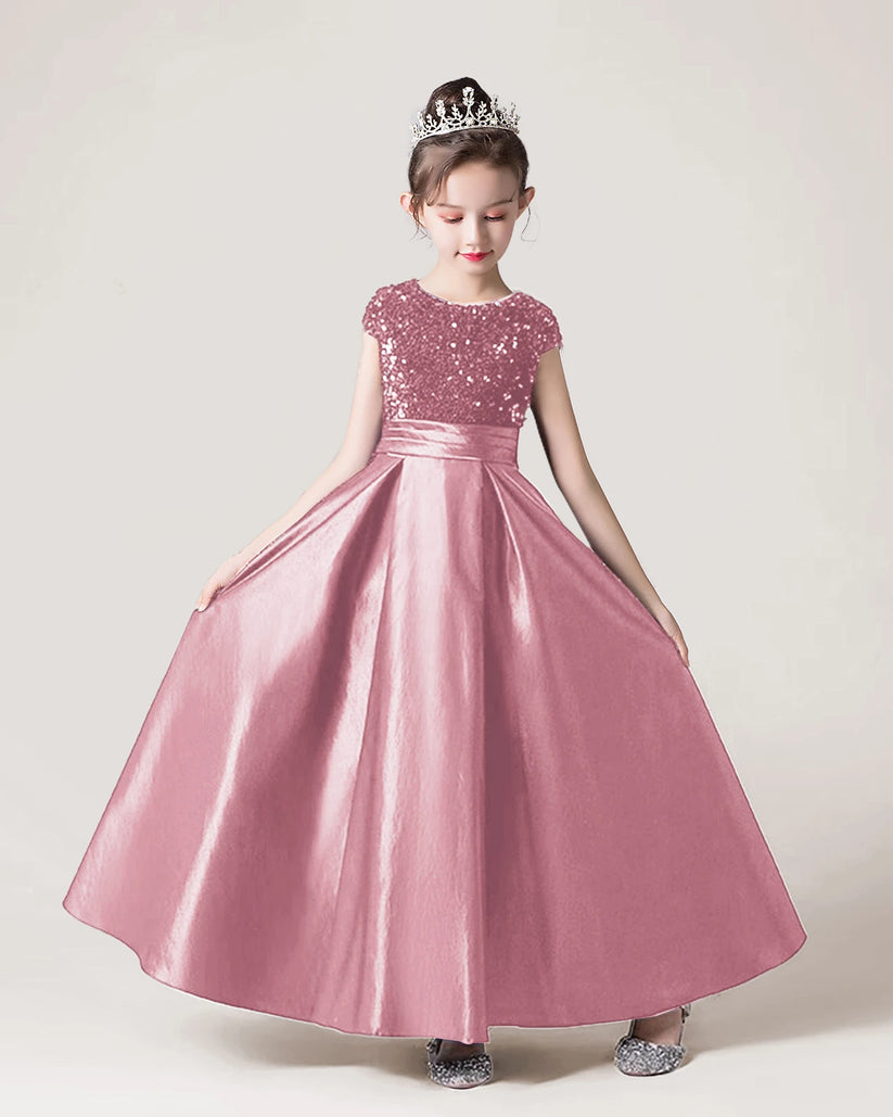 Blush Pink Sequin A-line Girls Formal Dress Front View