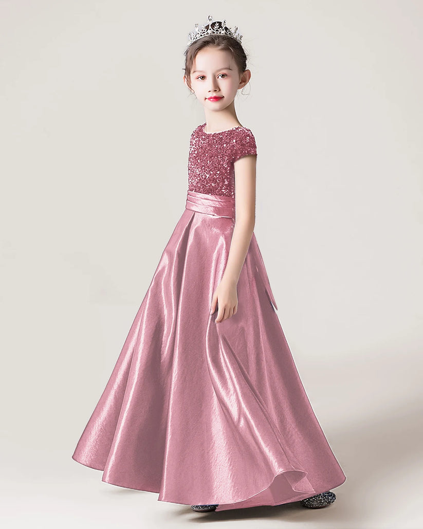 Blush Pink Sequin Satin A-line Girls Formal Dress Side View