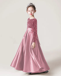 Dusty Rose Side Sequin Long Sleeve Flower Girls Dress