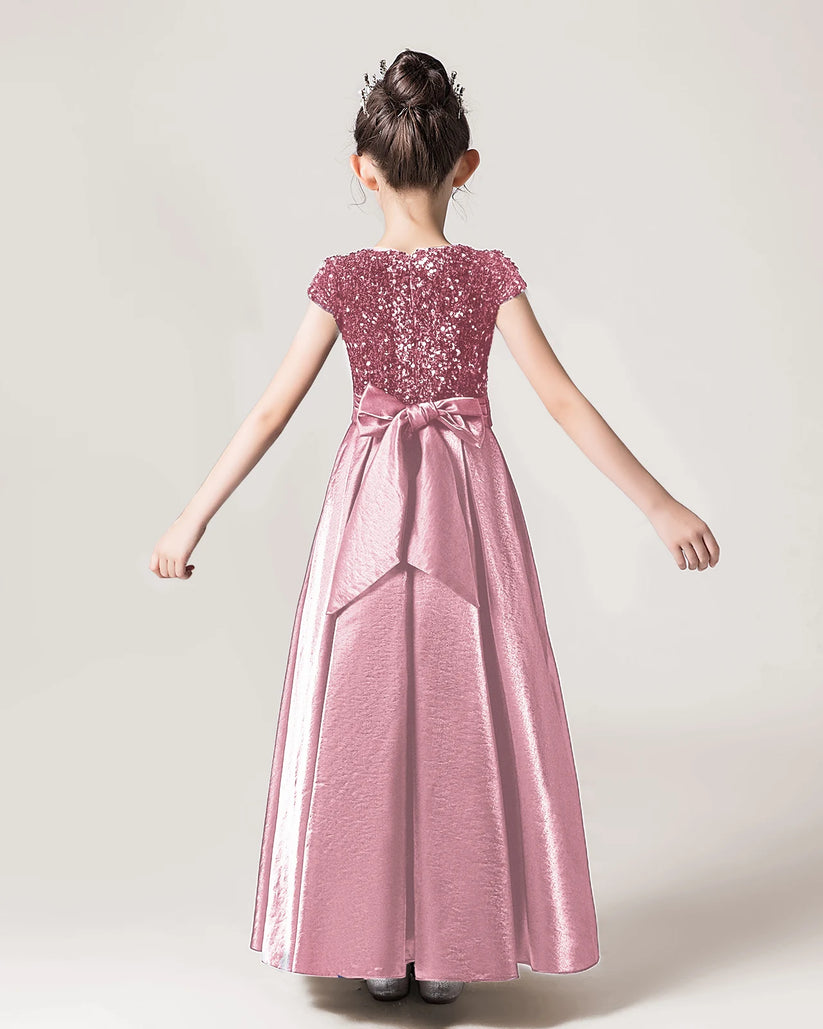 Blush Pink Sequin A-line Girls Formal Dress Back View