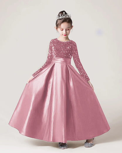 Dideyttawl Long Sleeves Sequins Flower Girls Dress Sparkling  Satin Formal Party Gown 503