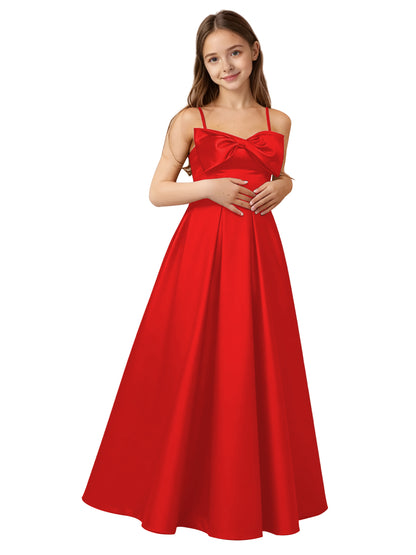 dideyttawl 2026 Girls Satin Prom Ball Gown with Big Bow Maxi Spaghetti Straps Junior Bridesmaid Flower Girl Dress 2548