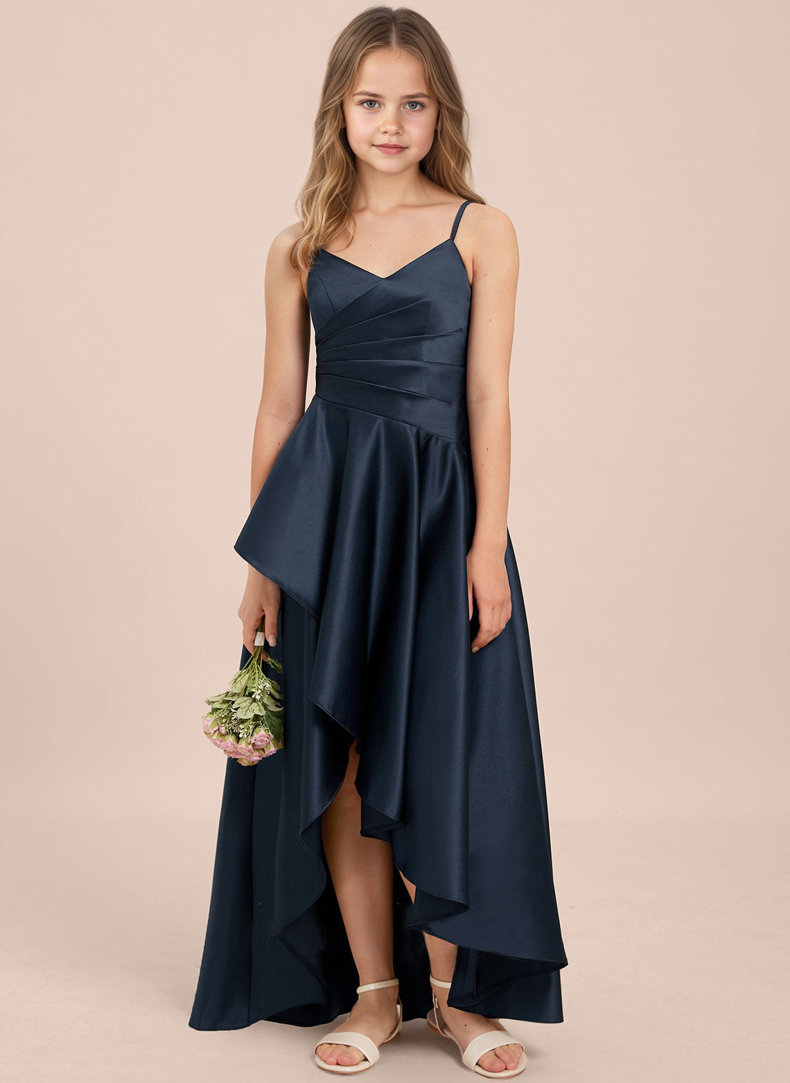 dideyttawl High Low Junior Bridesmaid Dress V-Neck Silk Satin Flower Girl Dress Sleeveless Formal Special Occasion Dress for Wedding 2523