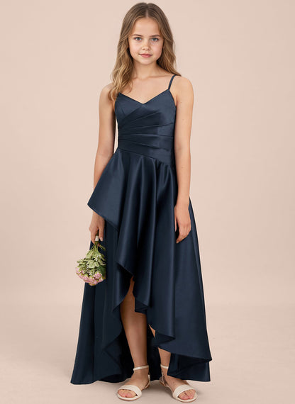 dideyttawl High Low Junior Bridesmaid Dress V-Neck Silk Satin Flower Girl Dress Sleeveless Formal Special Occasion Dress for Wedding 2523