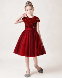 Red Front Short Sequin Flower Girl Dress