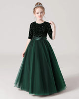 Dark Green Sequin Tulle A-line Flower Girl Dress Front View