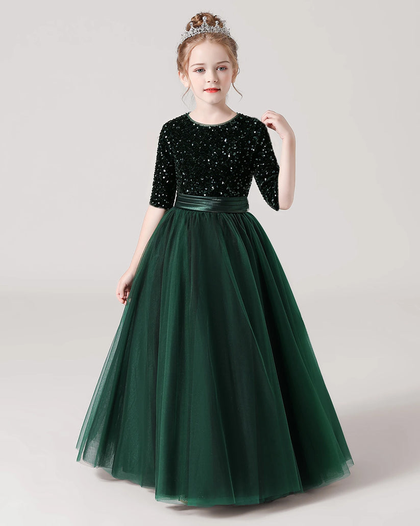 Dark Green Sequin Tulle A-line Flower Girl Dress Front View
