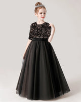 Black Sequin Tulle Ball Gown Flower Girl Dress Front View